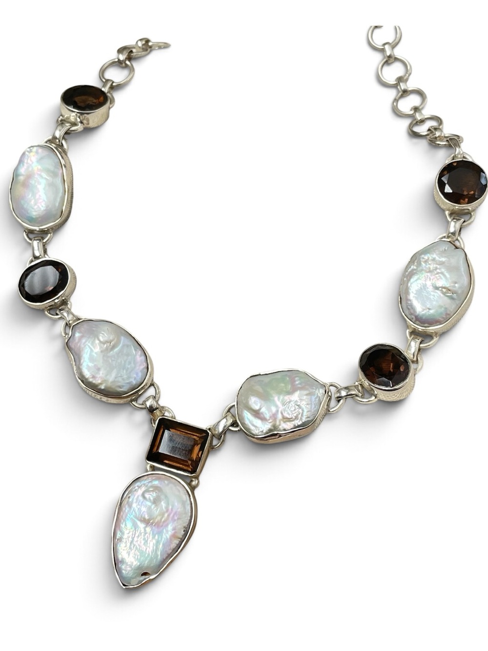 Necklace with Baroque Mother of Pearl and Smoky Quartz in 925 Sterling Necklace
